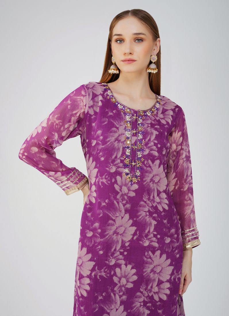 Buy Purple Georgette Printed Suit Set