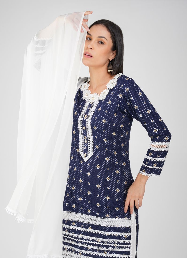 Buy Blue Rayon Straight Cut Printed Suit Set