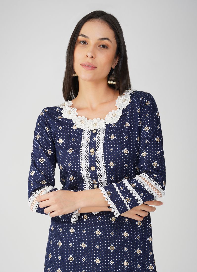 Buy Blue Rayon Straight Cut Printed Suit Set