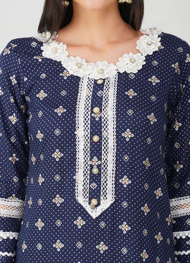 Buy Blue Rayon Straight Cut Printed Suit Set