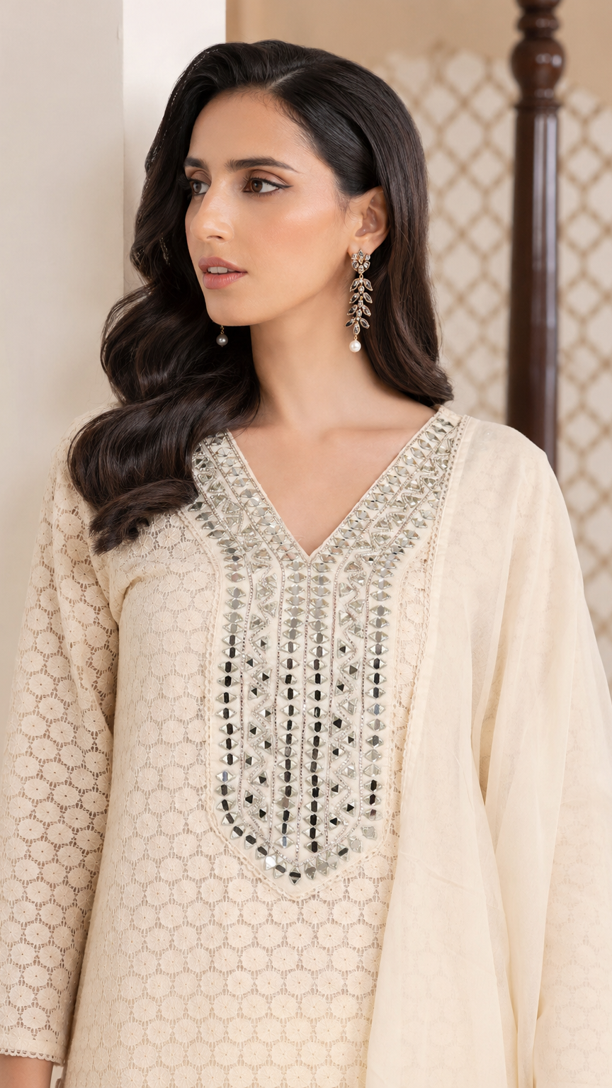 Cream ivory women’s embroidered salwar kameez suit with matching trousers and plain dupatta, elegant Asian ethnic wear by Diya Online