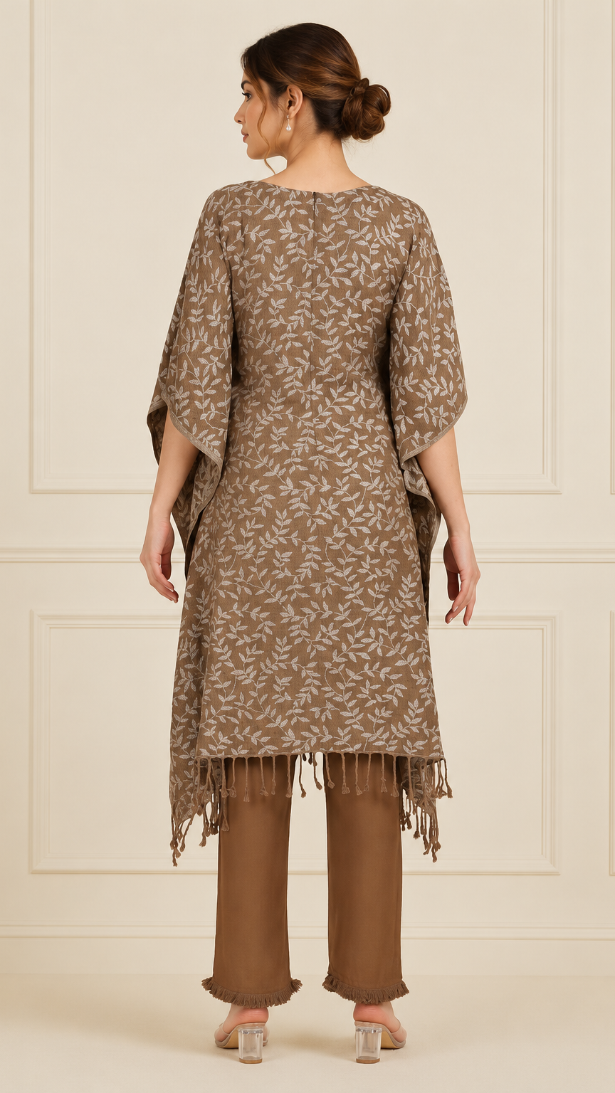 Taupe brown women’s poncho style salwar kameez suit with leaf print and matching trousers, modest Asian ethnic wear by Diya Online