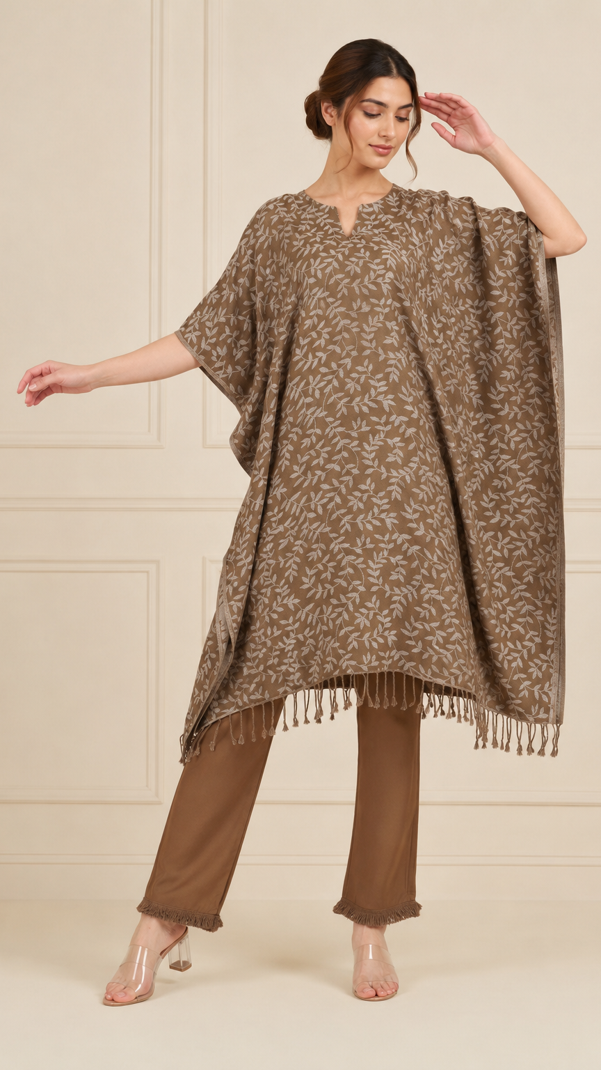 Taupe brown women’s poncho style salwar kameez suit with leaf print and matching trousers, modest Asian ethnic wear by Diya Online