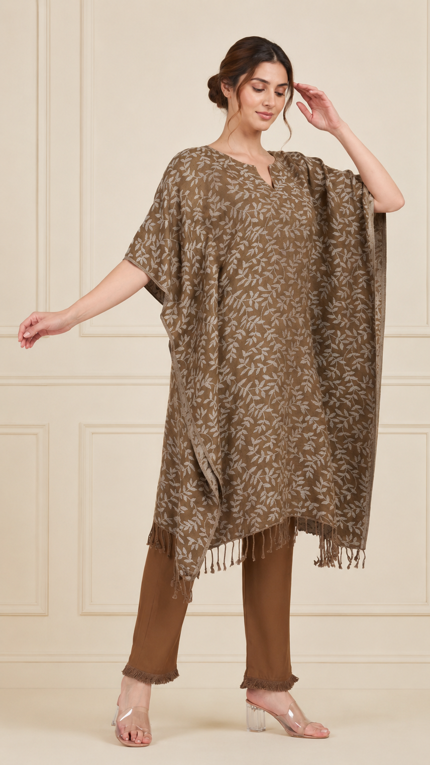 Taupe brown women’s poncho style salwar kameez suit with leaf print and matching trousers, modest Asian ethnic wear by Diya Online