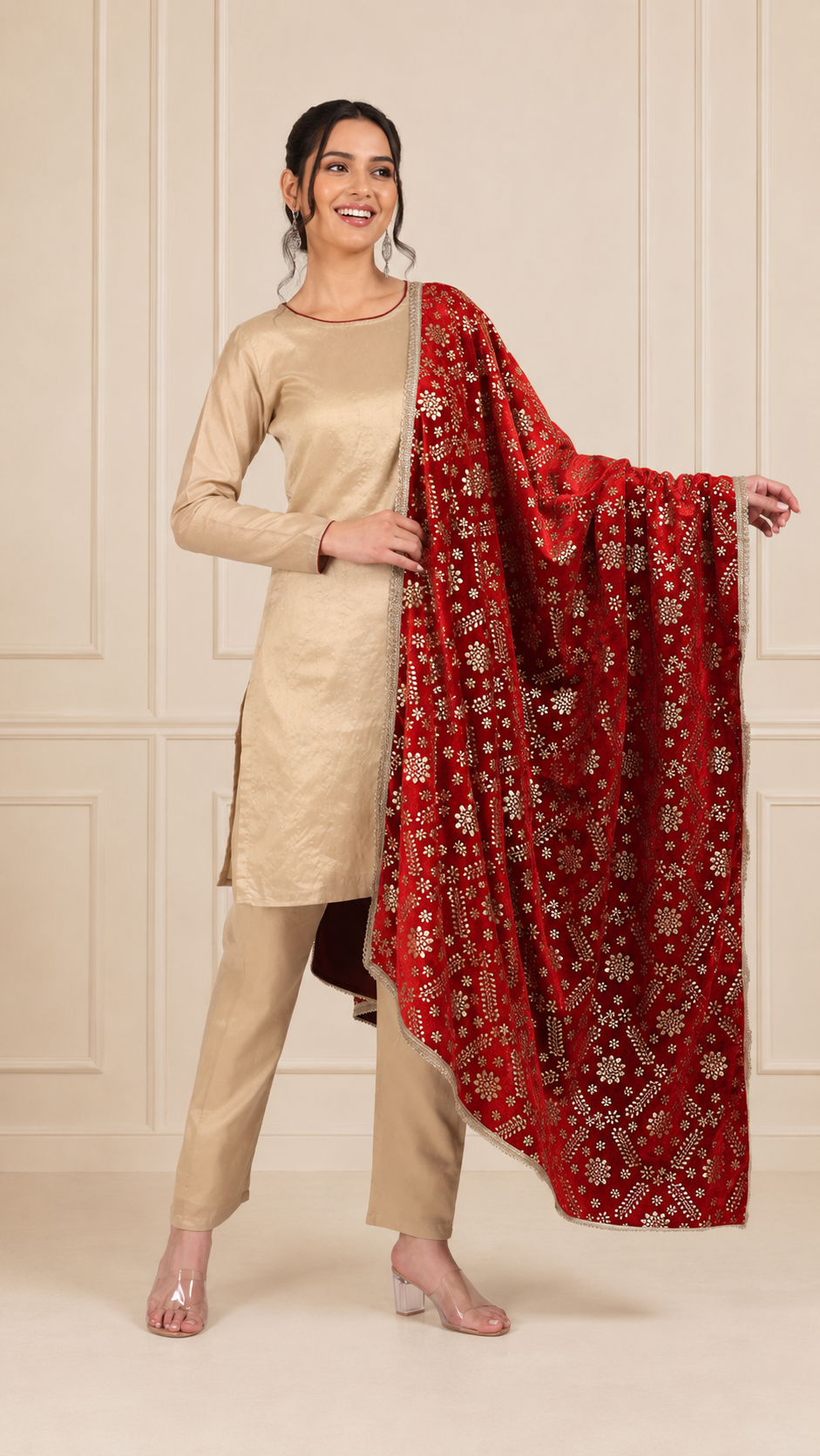 Gold beige women’s salwar kameez suit with matching trousers and red embroidered dupatta, elegant Asian ethnic wear by Diya Online