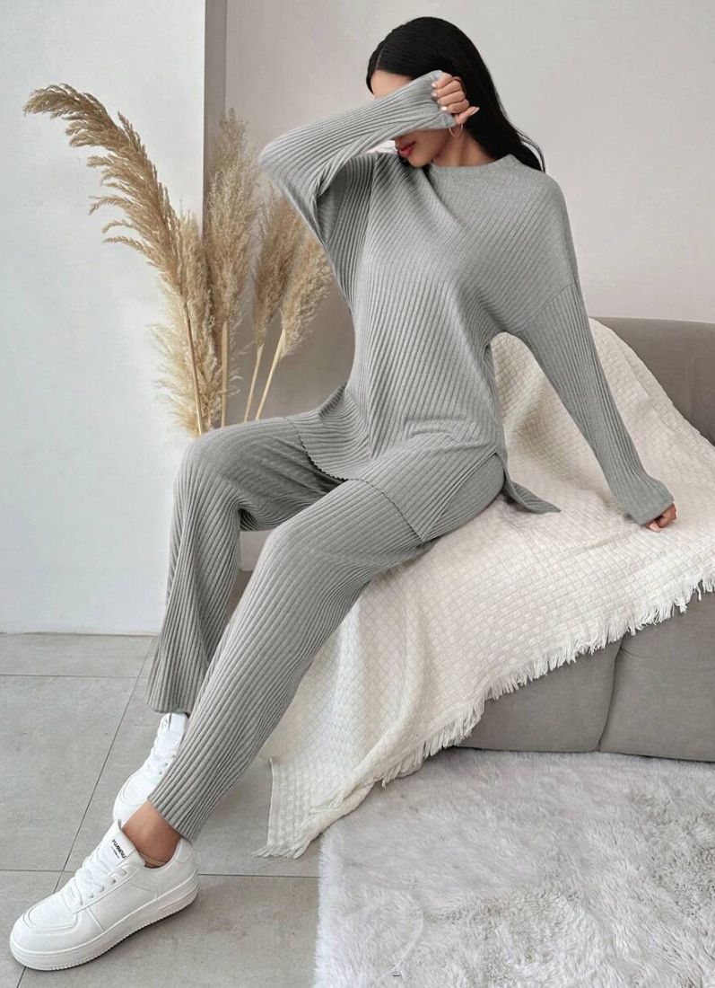 Grey Cotton Ribbed Co-Ord Set