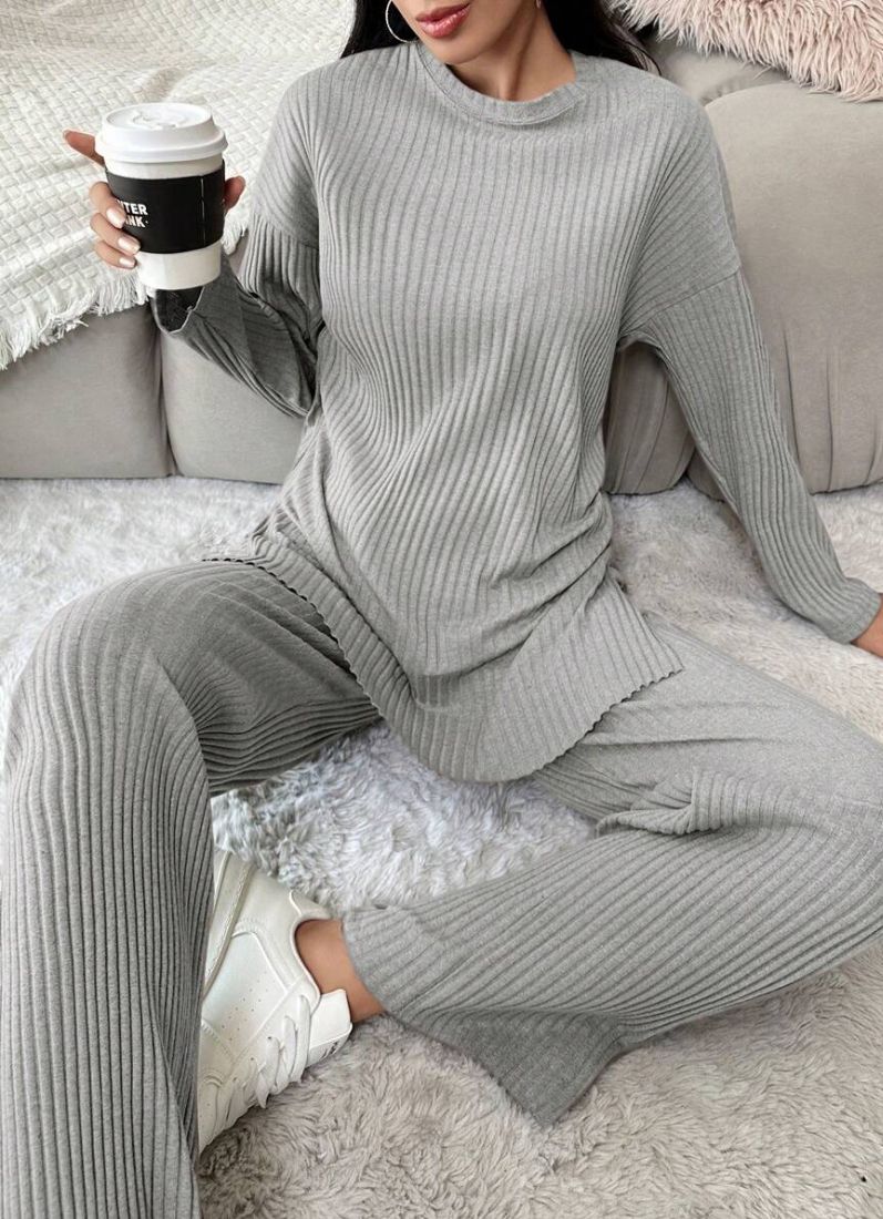 Grey Cotton Ribbed Co-Ord Set