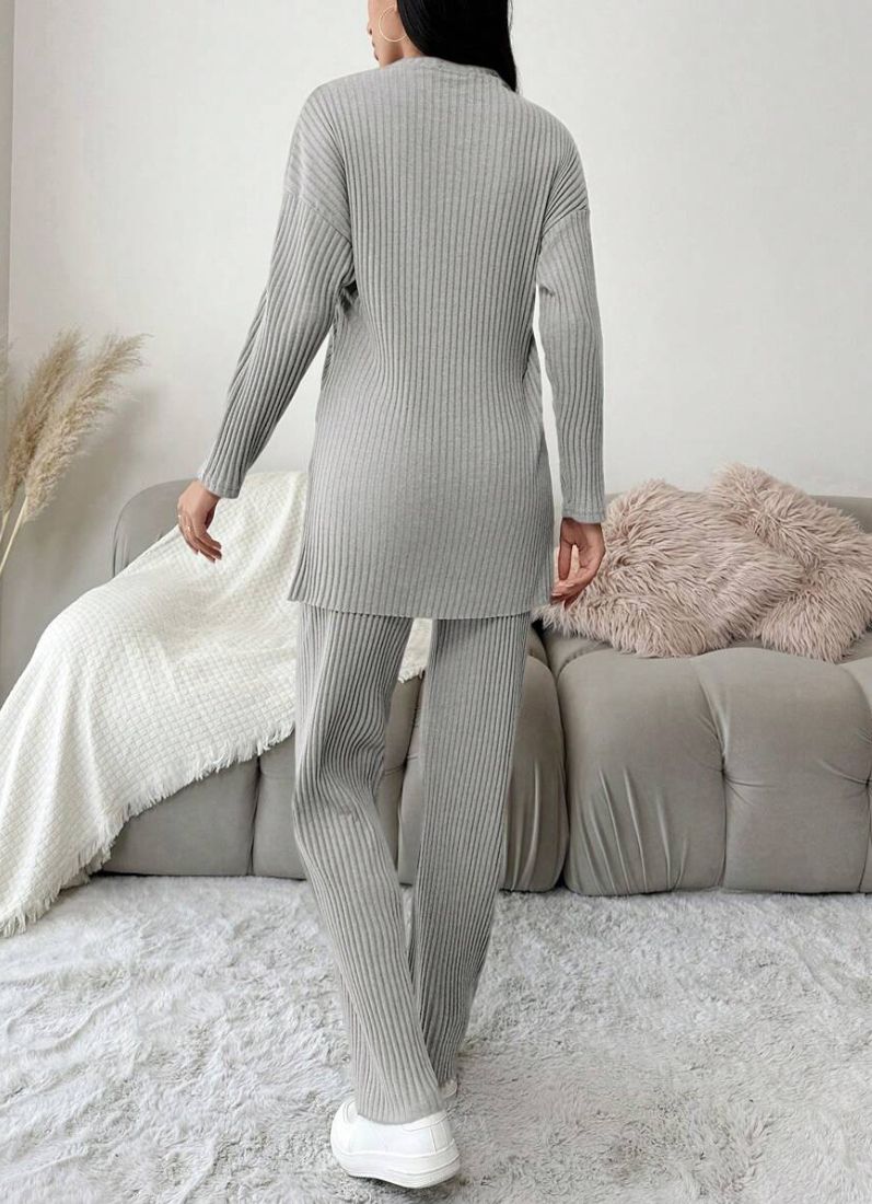 Grey Cotton Ribbed Co-Ord Set