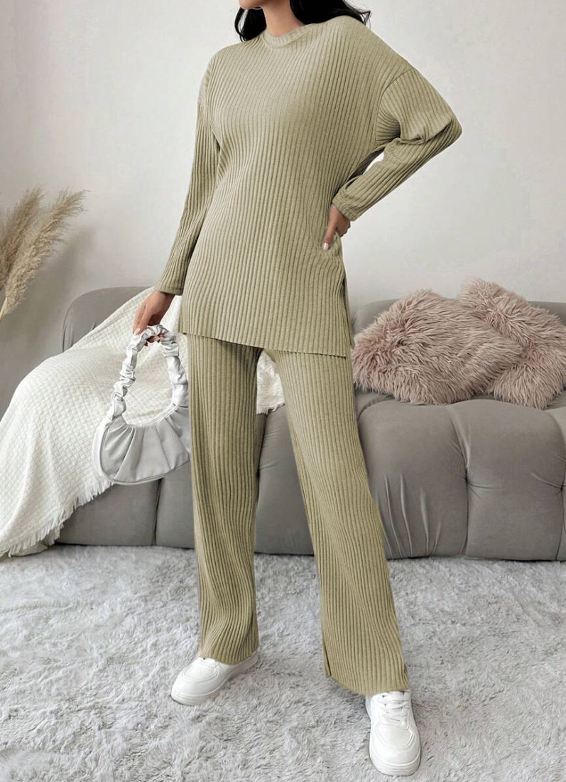 Buy Olive Green Cotton Ribbed Co-Ord Set