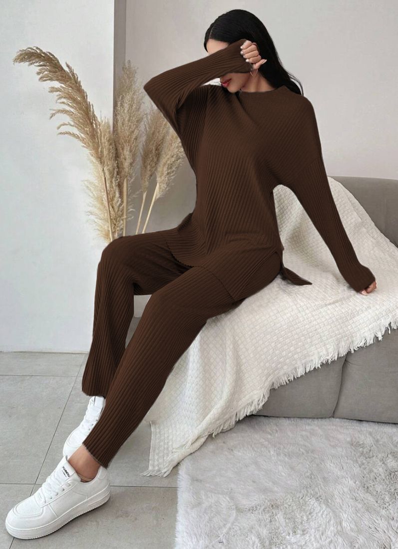 Brown Cotton Ribbed Co-Ord Set