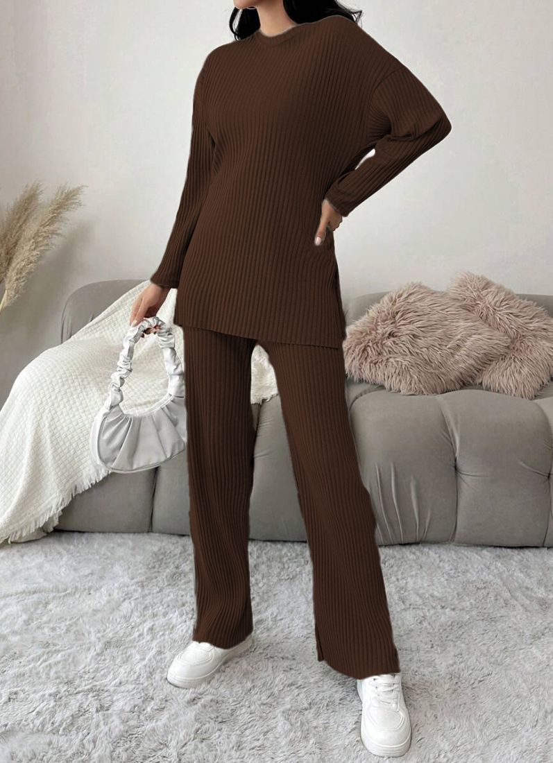 Brown Cotton Ribbed Co-Ord Set
