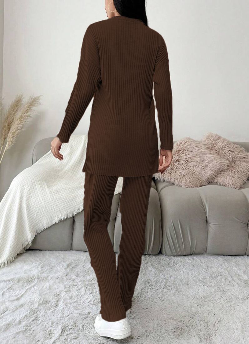Brown Cotton Ribbed Co-Ord Set