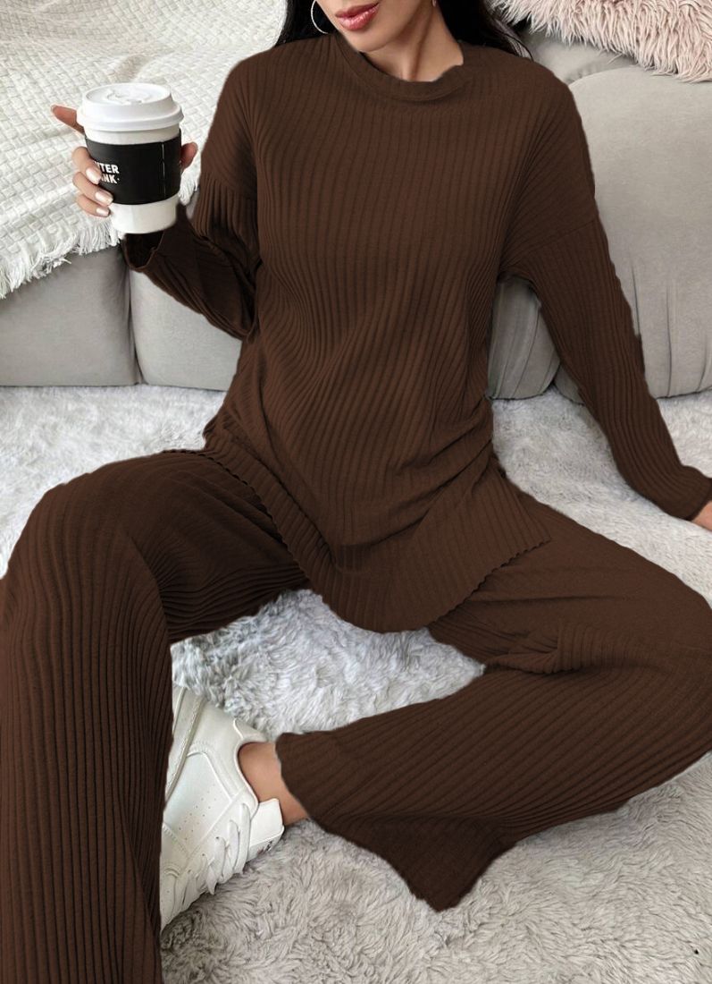 Brown Cotton Ribbed Co-Ord Set