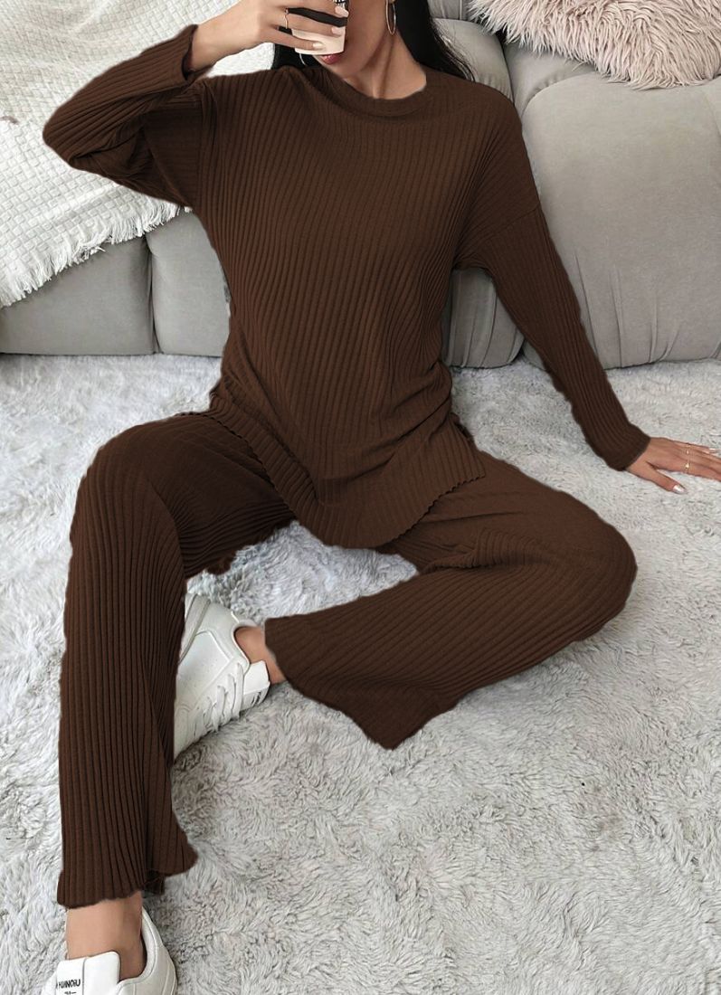 Brown Cotton Ribbed Co-Ord Set