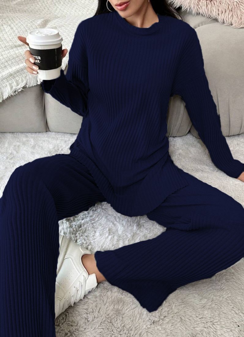 Navy Blue Cotton Ribbed Co-Ord Set