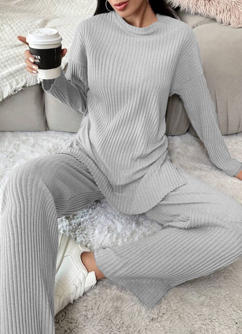 Light Grey Cotton Ribbed Co-Ord Set