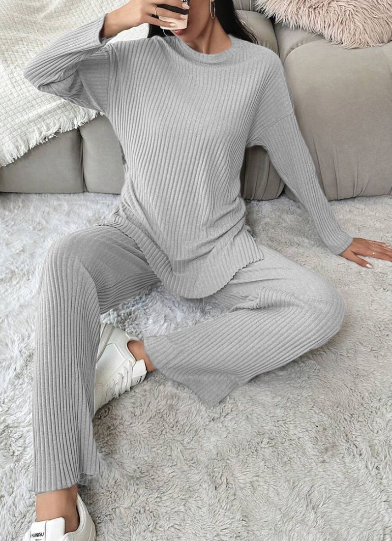 Light Grey Cotton Ribbed Co-Ord Set