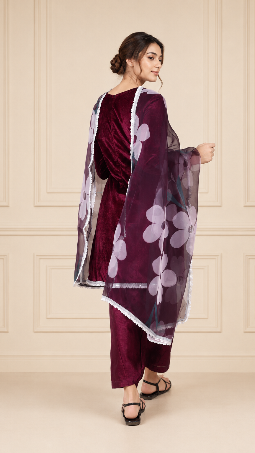 Plum burgundy velvet women’s salwar kameez suit with matching salwar trousers and floral organza dupatta, elegant Asian ethnic wear by Diya Online