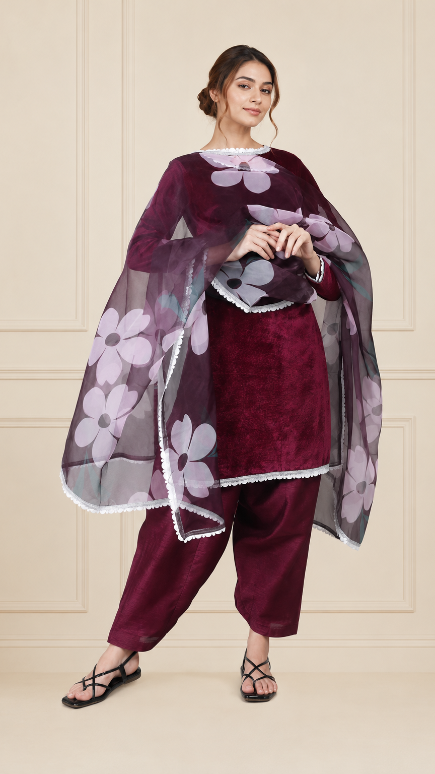 Plum burgundy velvet women’s salwar kameez suit with matching salwar trousers and floral organza dupatta, elegant Asian ethnic wear by Diya Online