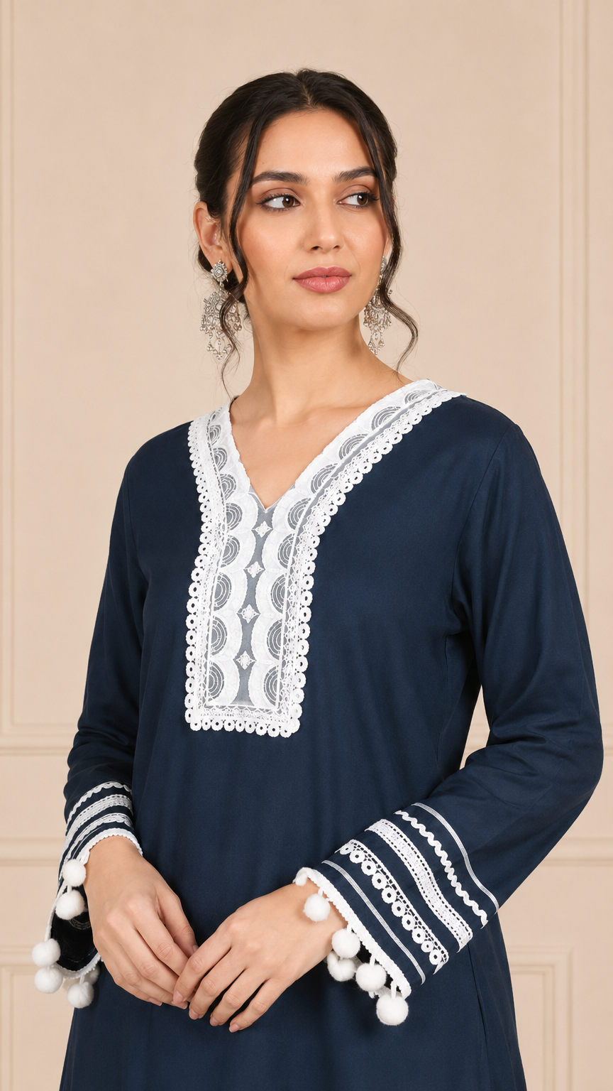 Navy blue women’s salwar kameez suit with white embroidery, tulip trousers and pom pom dupatta, modest Asian ethnic wear by Diya Online