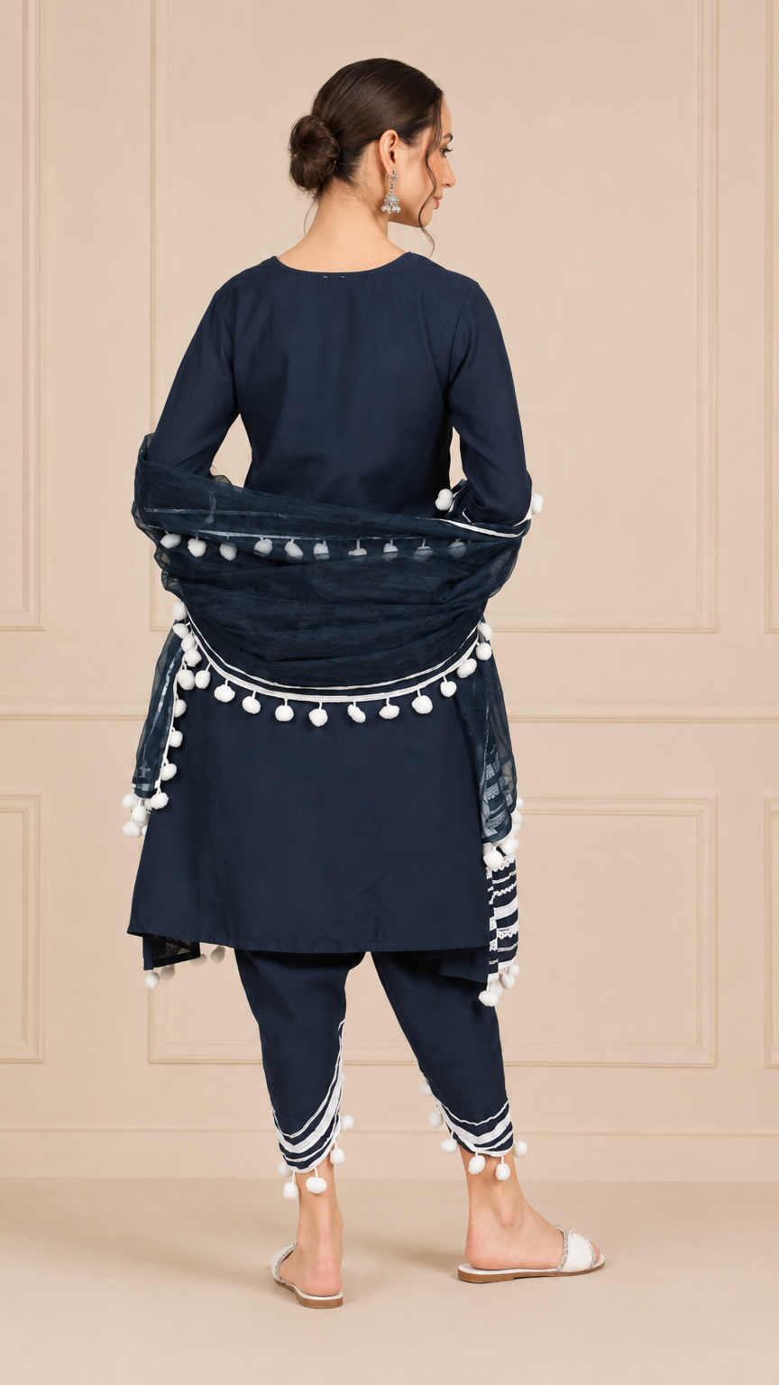 Navy blue women’s salwar kameez suit with white embroidery, tulip trousers and pom pom dupatta, modest Asian ethnic wear by Diya Online