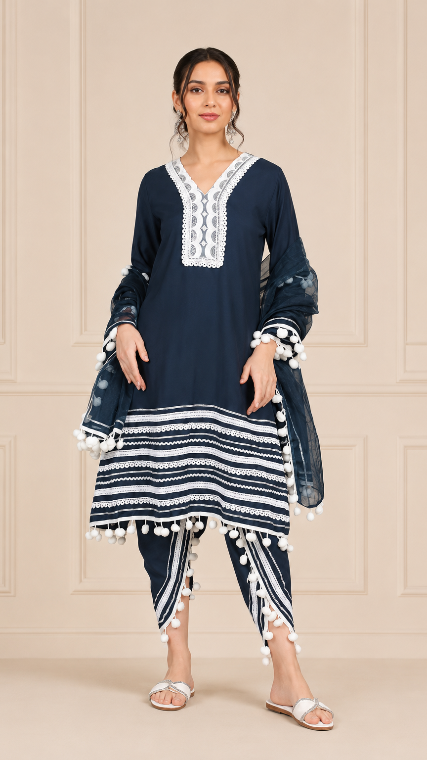 Navy blue women’s salwar kameez suit with white embroidery, tulip trousers and pom pom dupatta, modest Asian ethnic wear by Diya Online