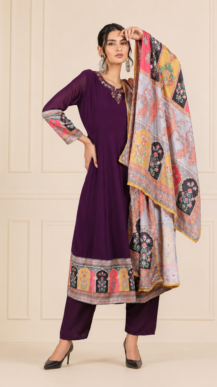 Plum purple women’s printed salwar kameez suit with matching trousers and multicolour dupatta, elegant Asian ethnic wear by Diya Online