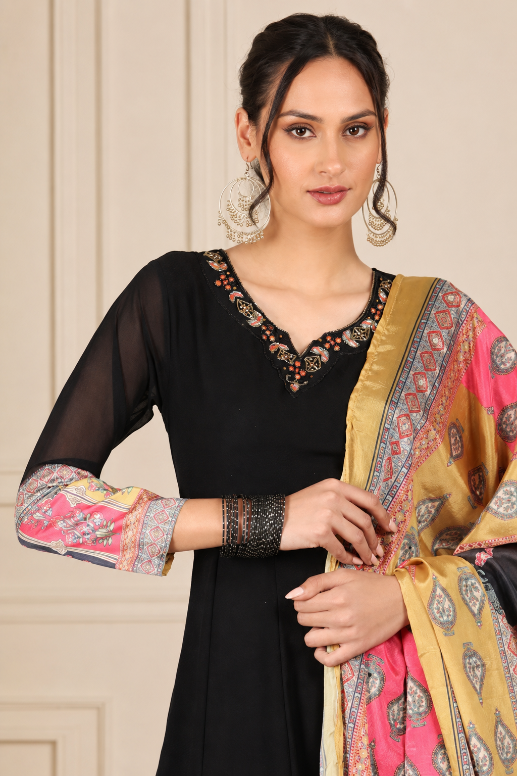 Black women’s printed salwar kameez suit with matching trousers and multicolour dupatta, elegant Asian ethnic wear by Diya Online
