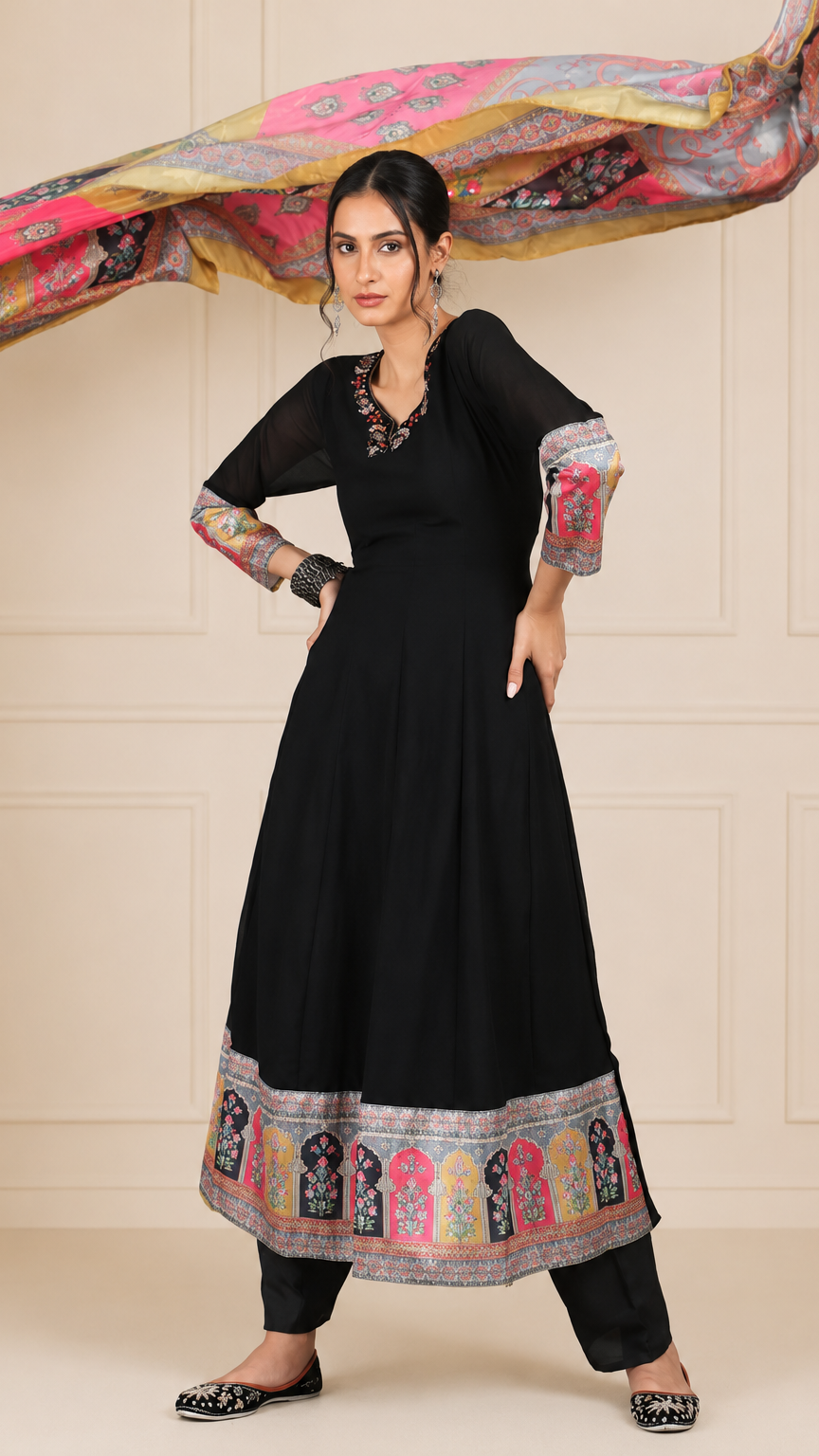 Black women’s printed salwar kameez suit with matching trousers and multicolour dupatta, elegant Asian ethnic wear by Diya Online