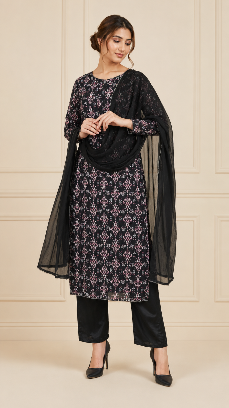 Black women’s floral printed salwar kameez suit with matching trousers and sheer chiffon dupatta, modest Asian ethnic wear by Diya Online