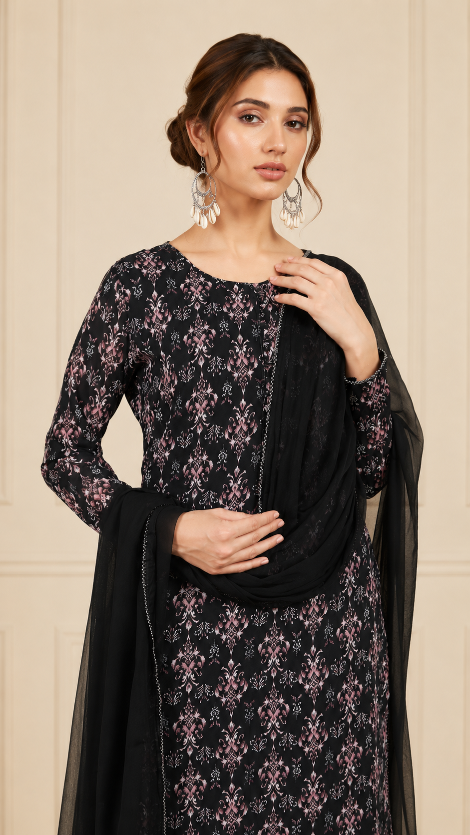 Black women’s floral printed salwar kameez suit with matching trousers and sheer chiffon dupatta, modest Asian ethnic wear by Diya Online
