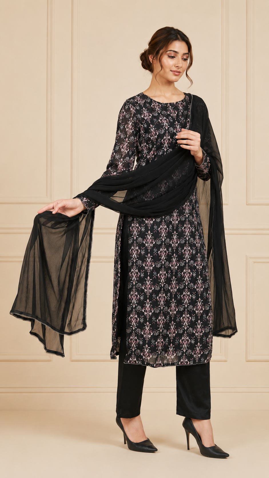 Black women’s floral printed salwar kameez suit with matching trousers and sheer chiffon dupatta, modest Asian ethnic wear by Diya Online