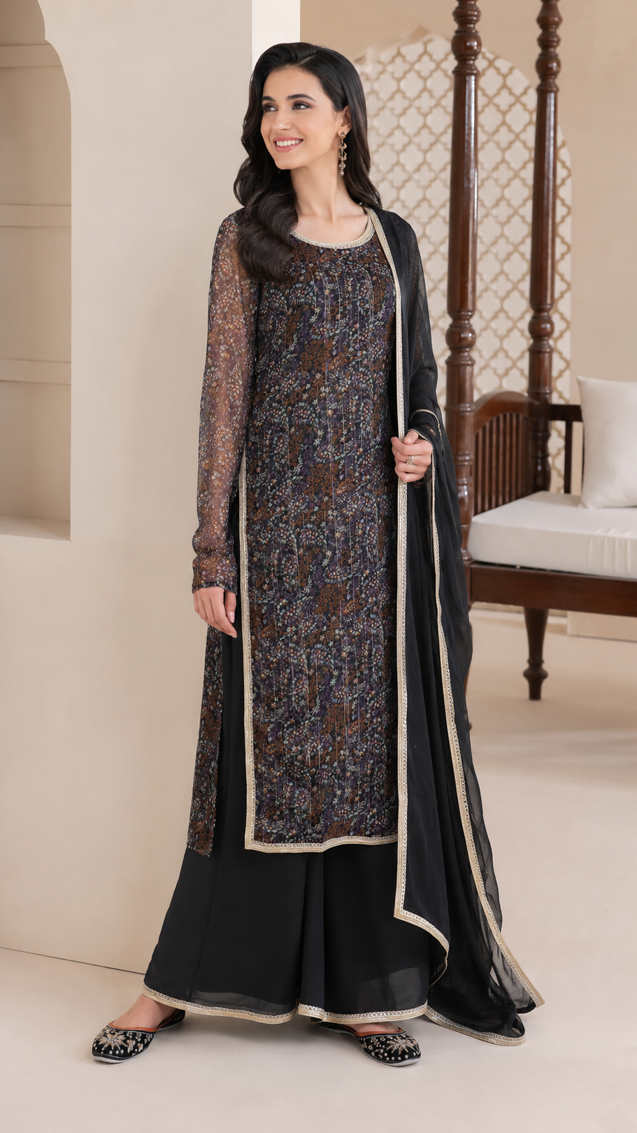 Black and bronze women’s printed salwar kameez suit with sharara trousers and chiffon dupatta, elegant Asian ethnic wear by Diya Online