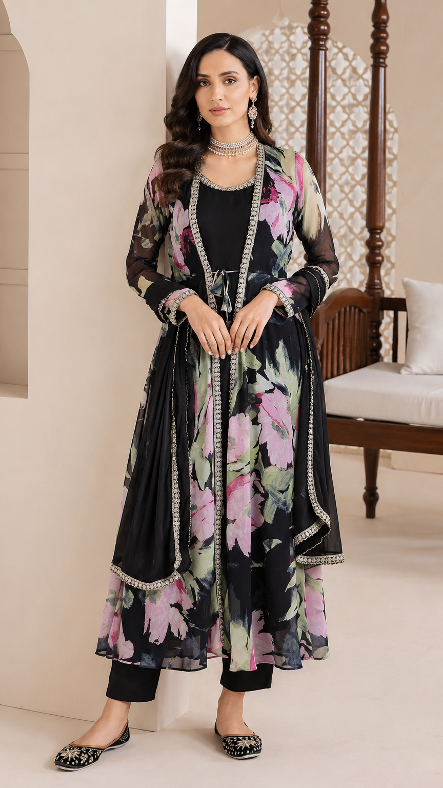 Black women’s floral jacket-style salwar kameez suit with matching trousers and chiffon dupatta, elegant Asian ethnic wear by Diya Online
