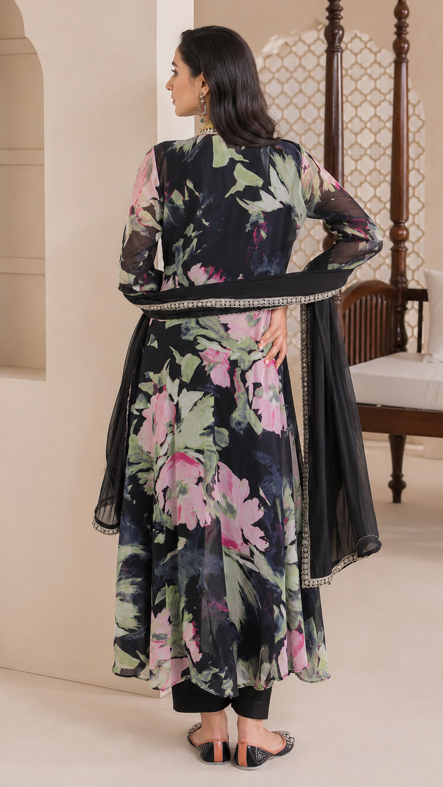 Black women’s floral jacket-style salwar kameez suit with matching trousers and chiffon dupatta, elegant Asian ethnic wear by Diya Online