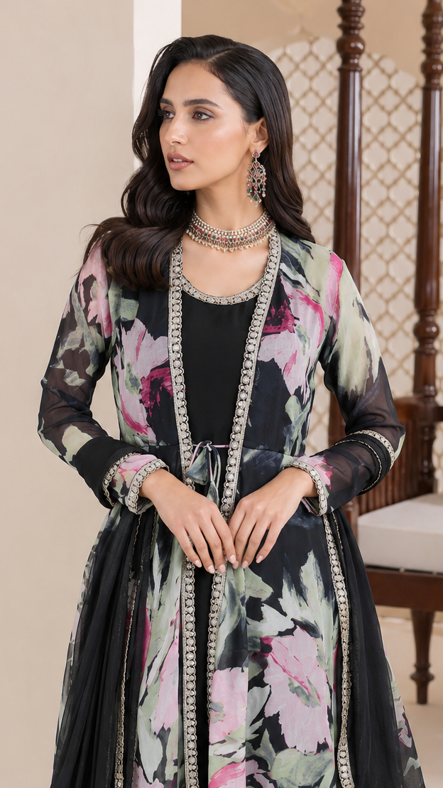 Black women’s floral jacket-style salwar kameez suit with matching trousers and chiffon dupatta, elegant Asian ethnic wear by Diya Online