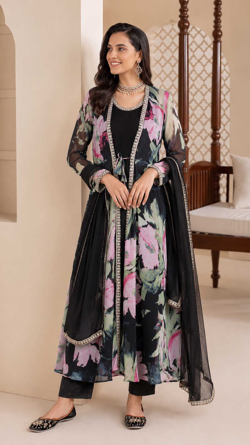 Black women’s floral jacket-style salwar kameez suit with matching trousers and chiffon dupatta, elegant Asian ethnic wear by Diya Online