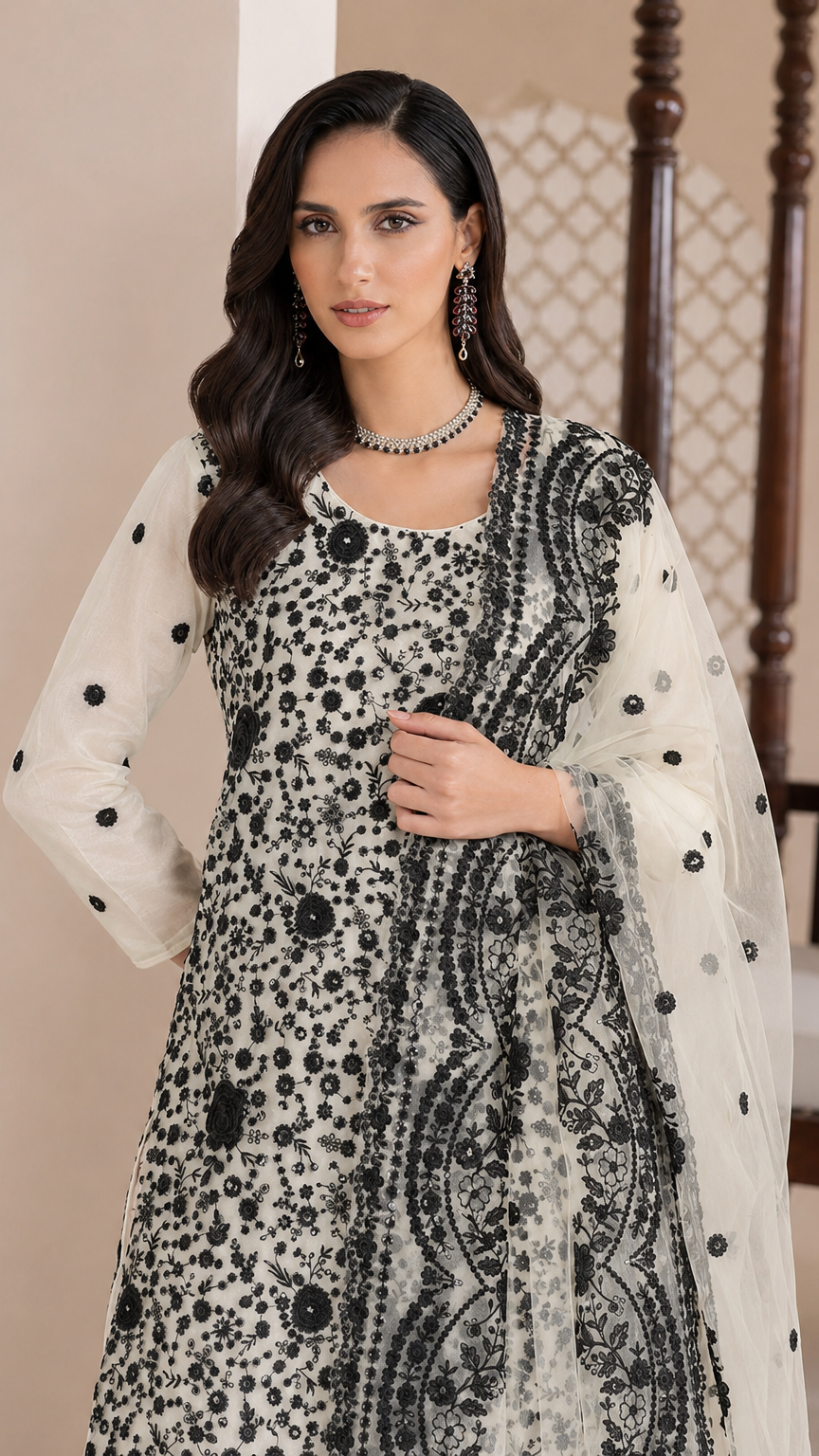 White and black women’s printed salwar kameez suit with churidar trousers and patterned dupatta, elegant Asian ethnic wear by Diya Online