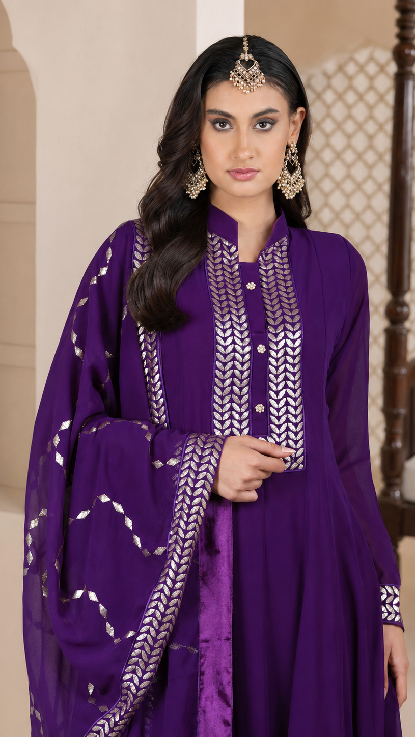Royal purple women’s embroidered Anarkali salwar kameez suit with matching trousers and chiffon dupatta, elegant Asian occasion wear by Diya Online