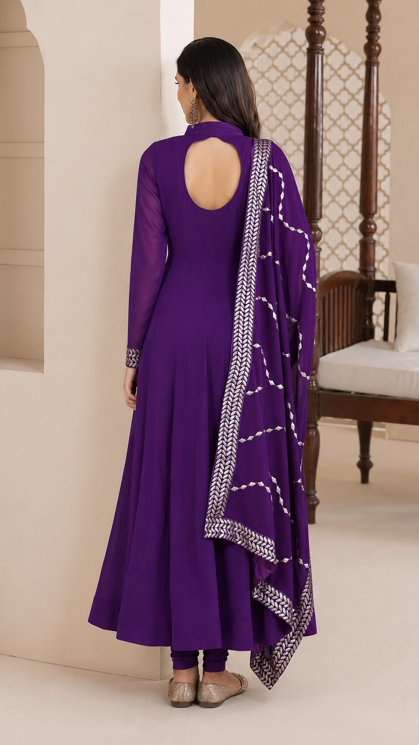 Royal purple women’s embroidered Anarkali salwar kameez suit with matching trousers and chiffon dupatta, elegant Asian occasion wear by Diya Online