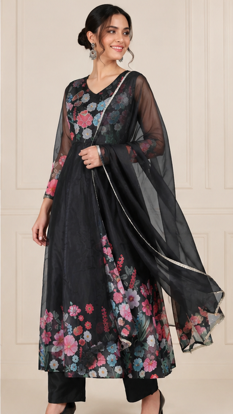 Black women’s floral Anarkali salwar kameez suit with matching trousers and sheer dupatta, elegant Asian ethnic wear by Diya Online