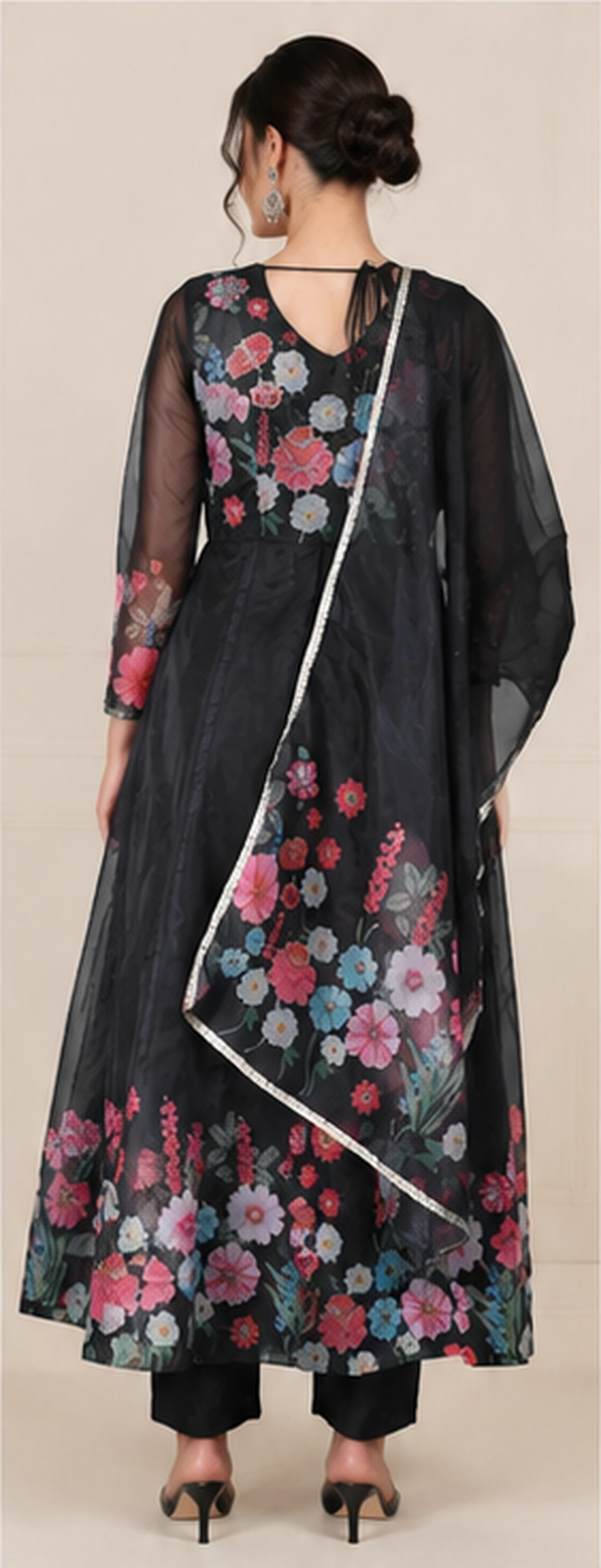 Black women’s floral Anarkali salwar kameez suit with matching trousers and sheer dupatta, elegant Asian ethnic wear by Diya Online
