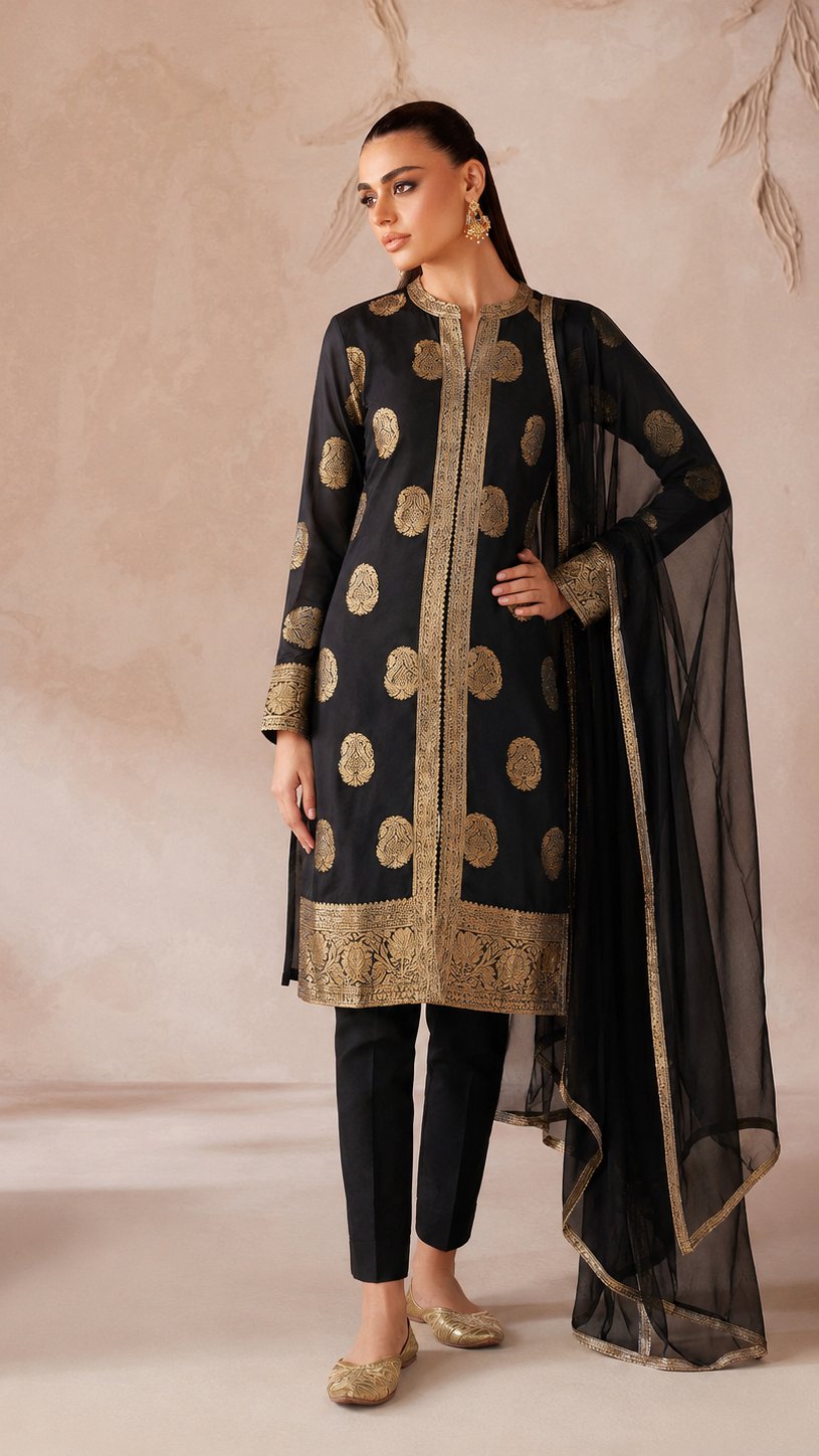 Black and gold women’s embroidered salwar kameez suit with matching trousers and sheer dupatta, luxury Asian ethnic wear by Diya Online