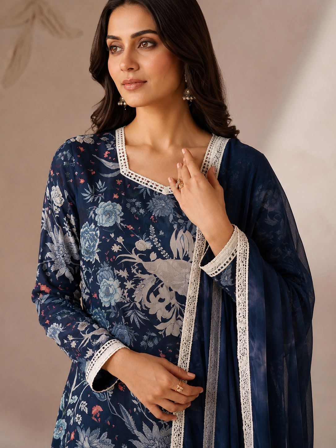 Navy blue women’s floral salwar kameez suit with matching split-hem trousers and chiffon dupatta, elegant Asian ethnic wear by Diya Online