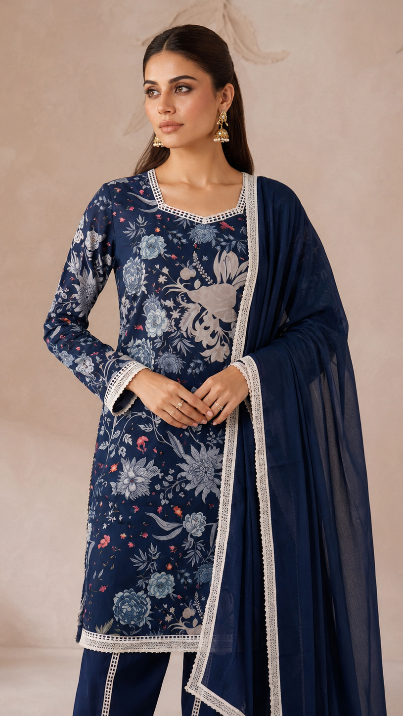 Navy blue women’s floral salwar kameez suit with matching split-hem trousers and chiffon dupatta, elegant Asian ethnic wear by Diya Online