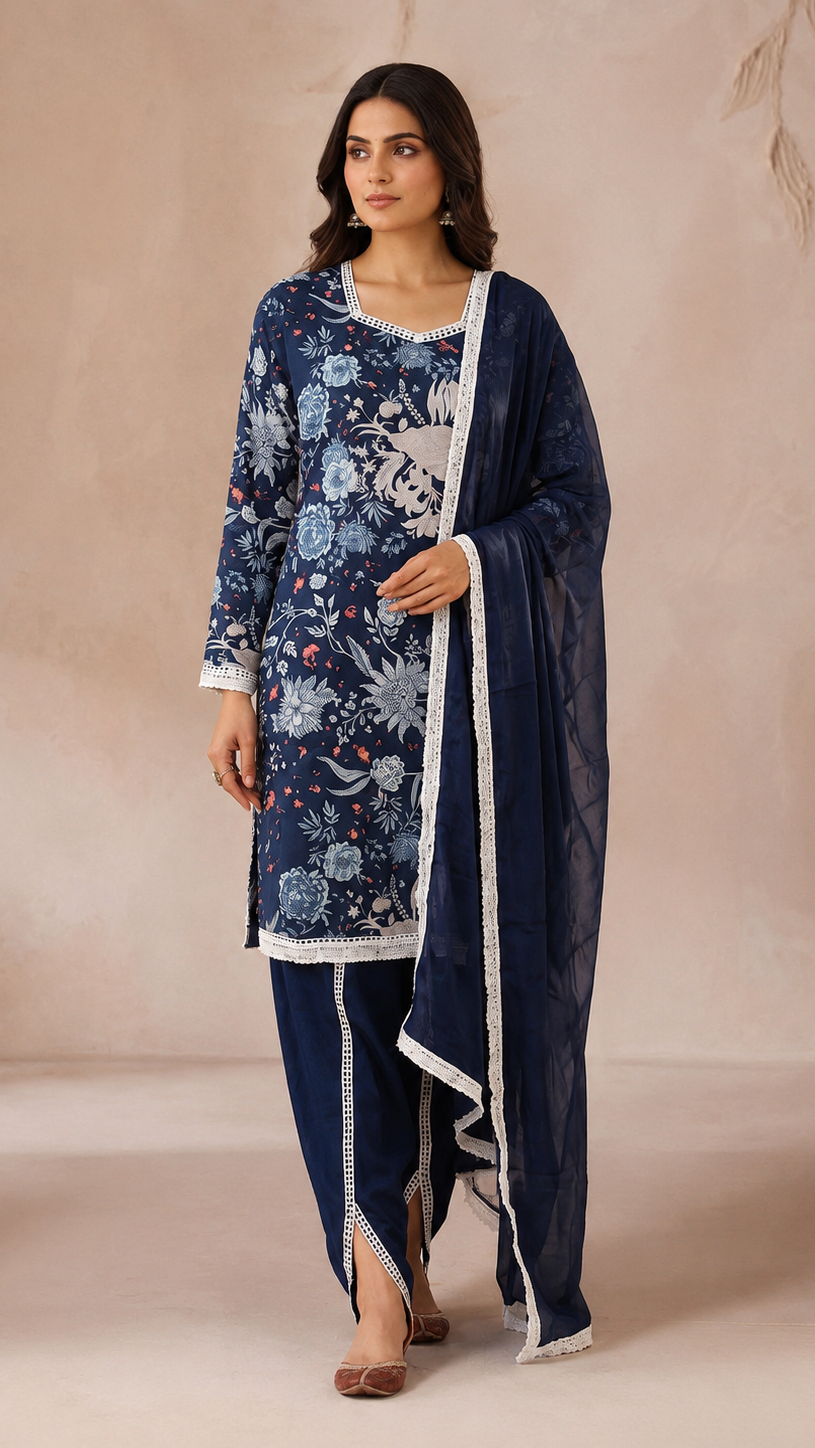 Navy blue women’s floral salwar kameez suit with matching split-hem trousers and chiffon dupatta, elegant Asian ethnic wear by Diya Online