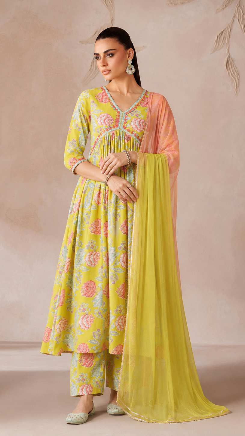 Lime yellow women’s floral Anarkali salwar kameez suit with matching trousers and chiffon dupatta, summer Asian ethnic wear by Diya Online