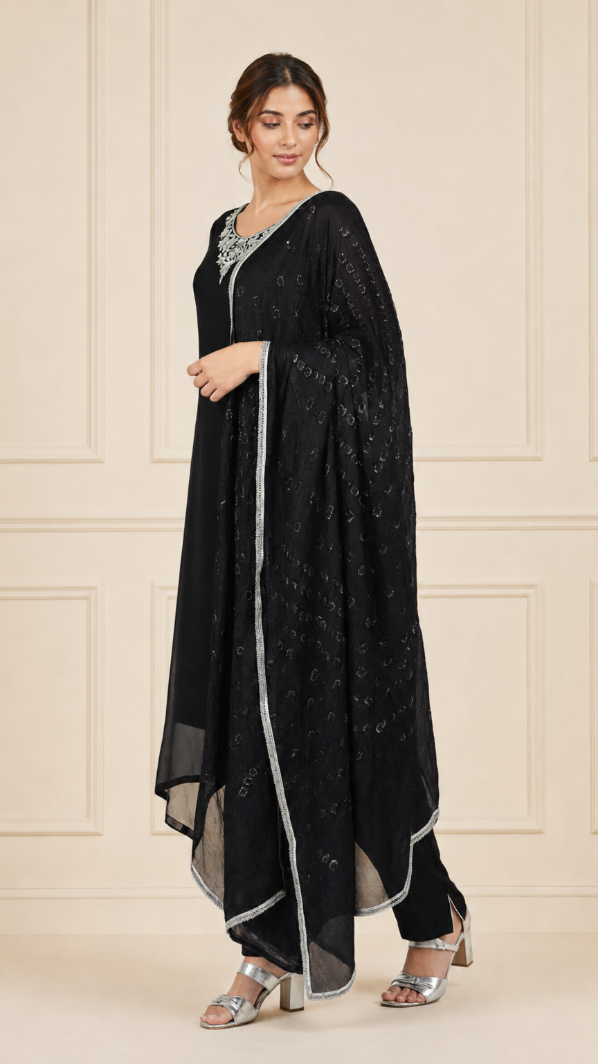 Black women’s embroidered salwar kameez suit with matching trousers, sheer chiffon dupatta and silver trim, elegant Asian ethnic wear by Diya Online