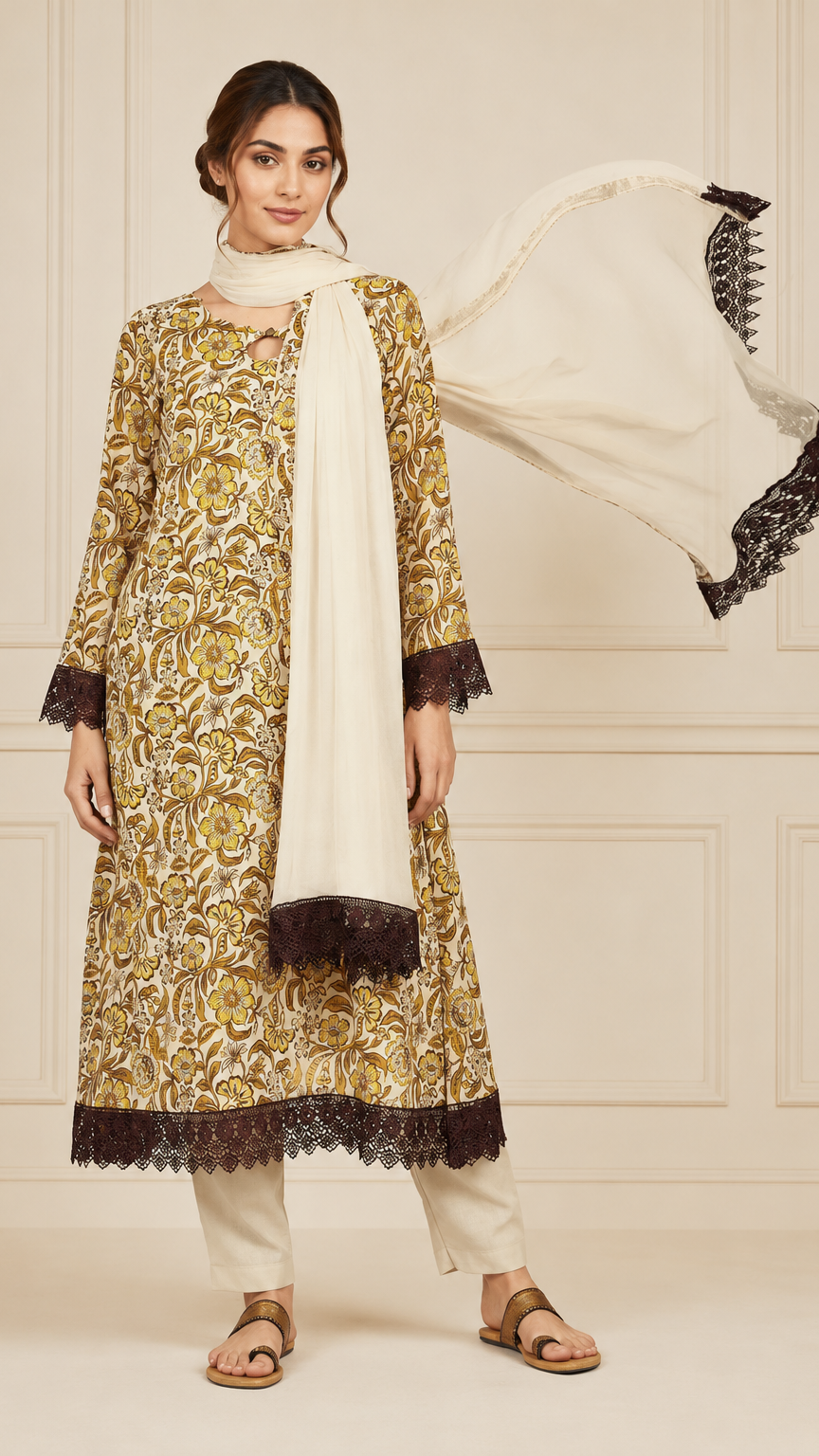 Cream and mustard floral women’s salwar kameez suit with matching trousers and chiffon dupatta, brown lace trim Asian ethnic wear by Diya Online