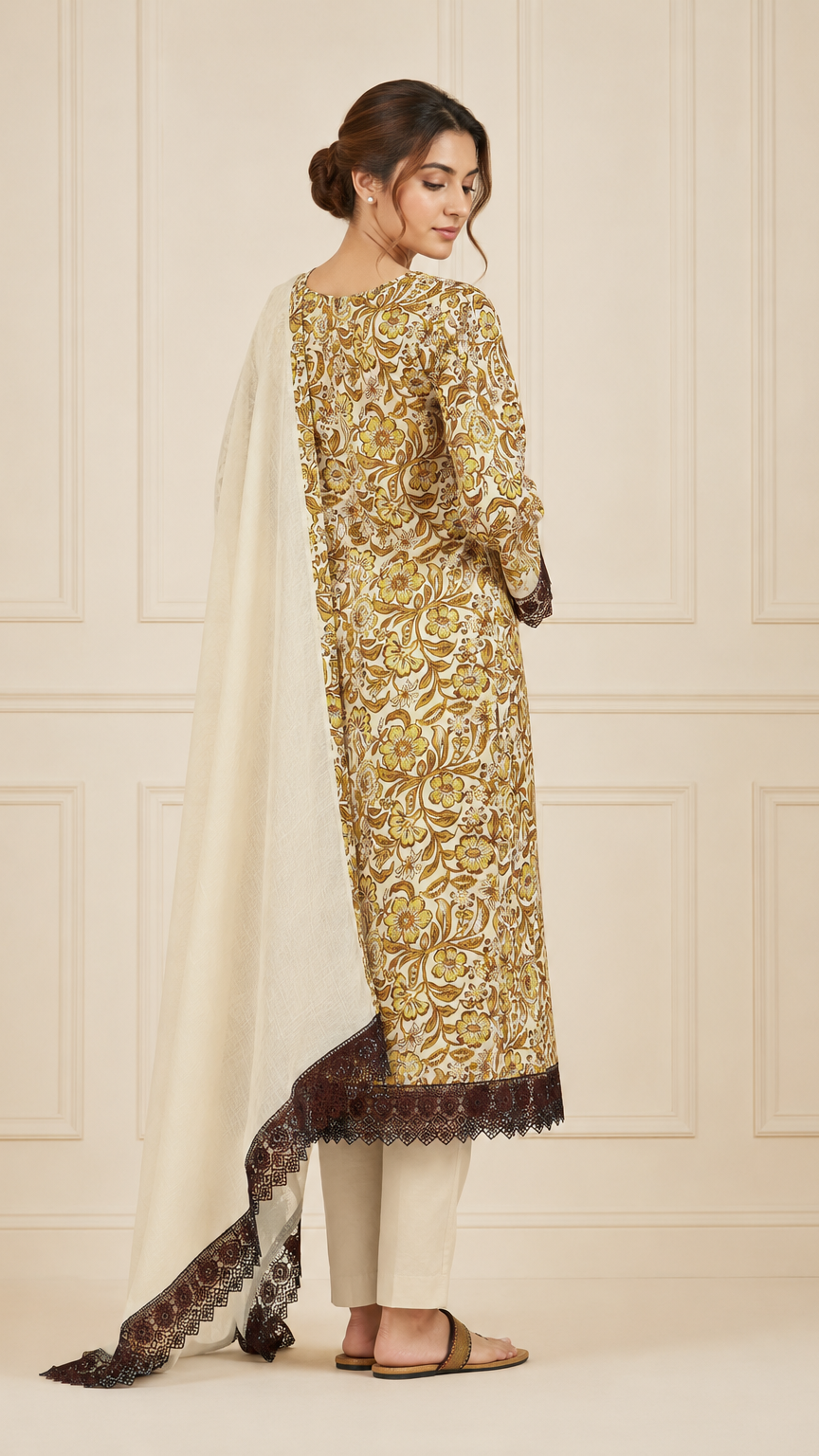 Cream and mustard floral women’s salwar kameez suit with matching trousers and chiffon dupatta, brown lace trim Asian ethnic wear by Diya Online